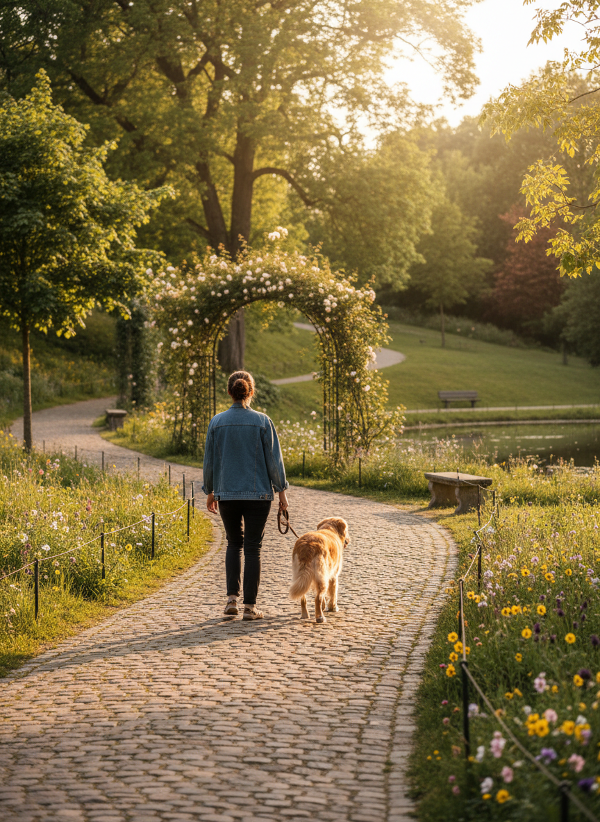 A quiet, everyday walking scene featuring a woman with her dog, shown from the side or behind, in a peaceful setting. No faces, close-ups, or anything posed or promotional. Maintain a grounded, calm mood. Image should not change size, shape, or layout. Do not alter text, colors, or sections.
